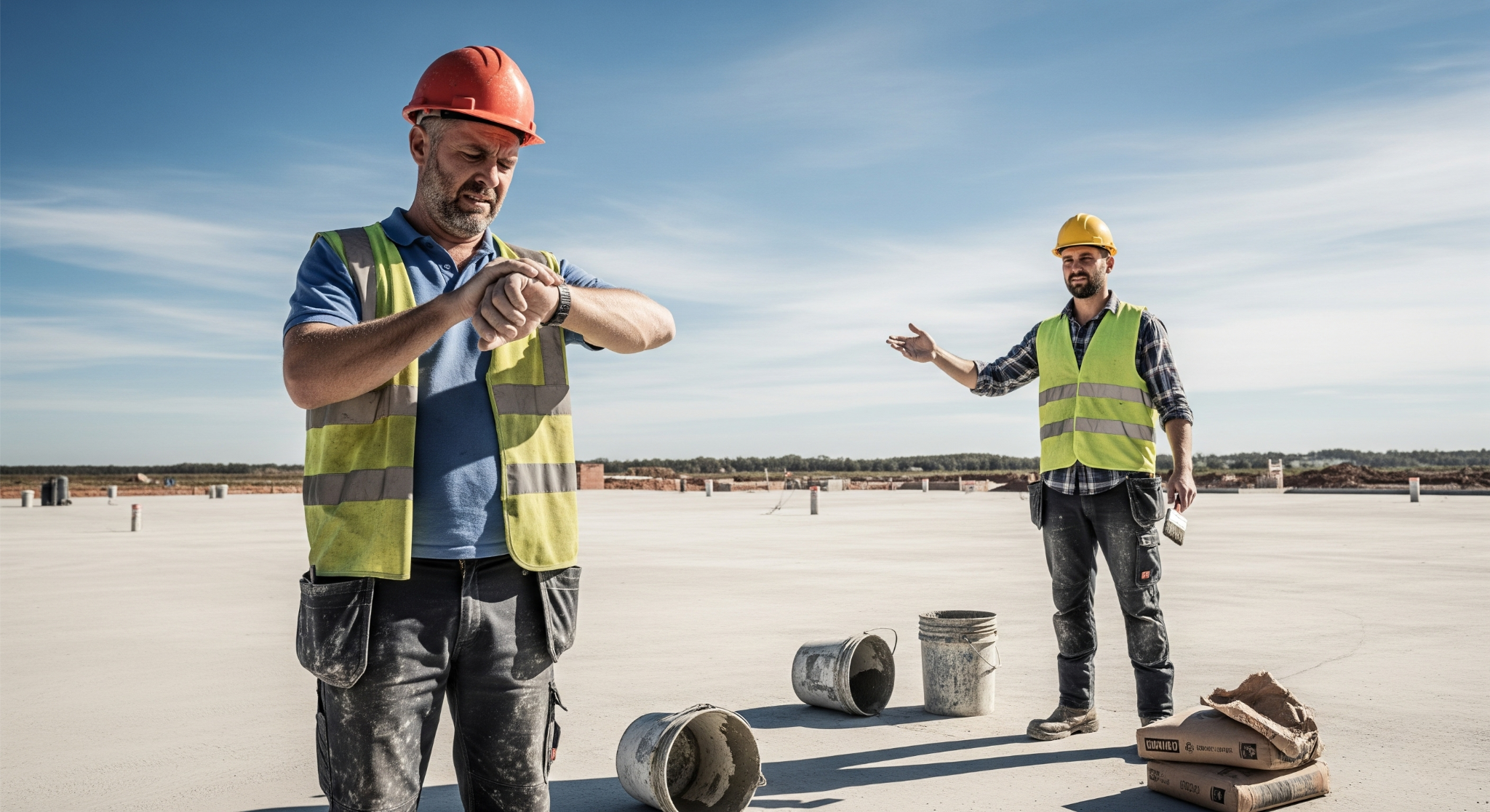 os constructores esperan material en obra con sacos vacíos y uno mira el reloj